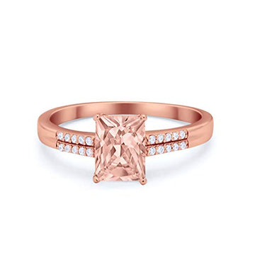Emerald Cut Wedding Ring Rose Tone, Simulated Morganite CZ 925 Sterling Silver